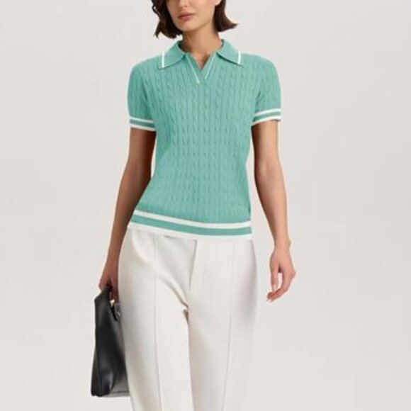 Women’s Short Sleeve Lightweight Cable Knit Sweater Top Mint Green V-Neck Blouse - Picture 5 of 6